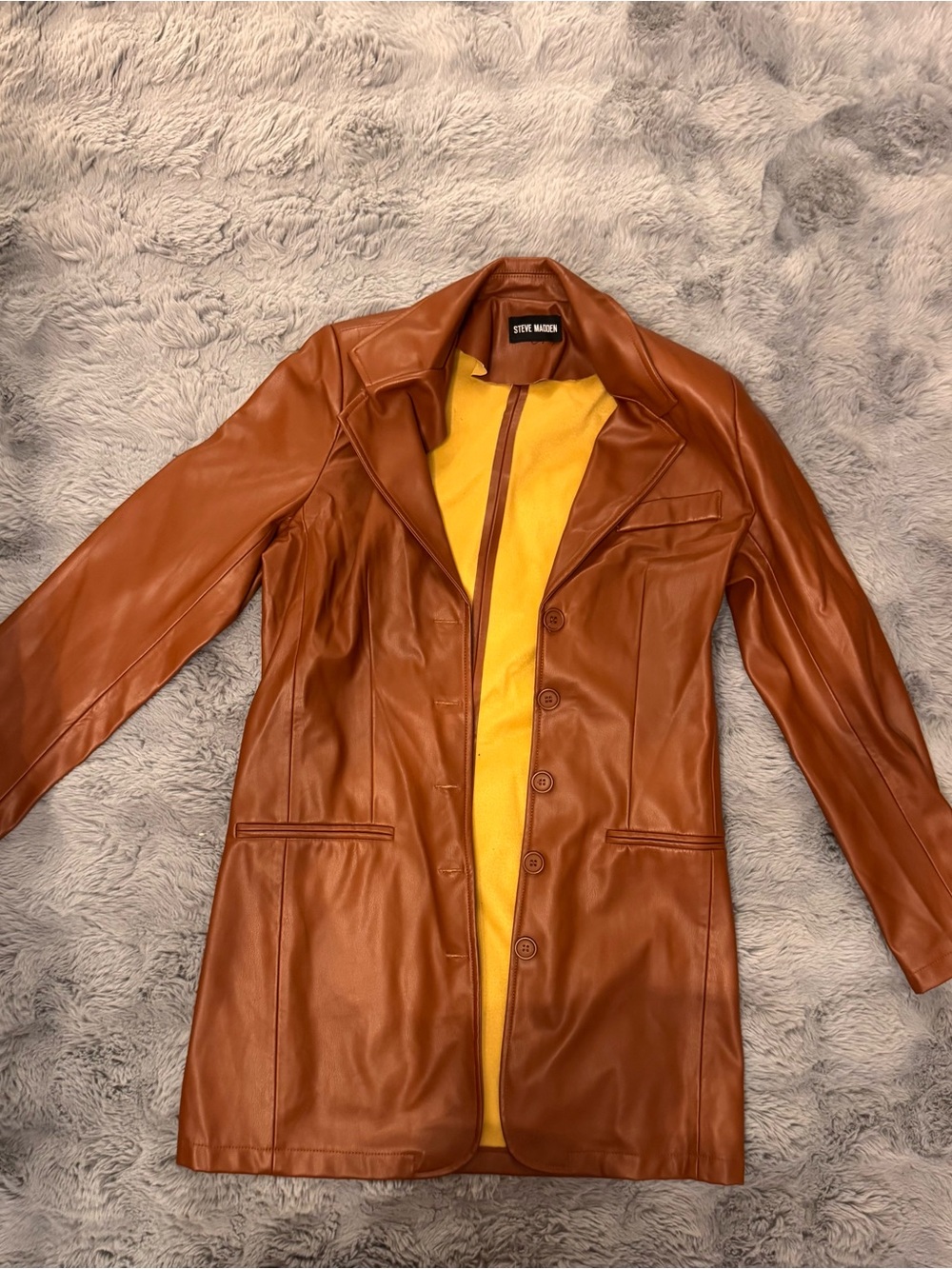 Steve Madden Chestnut Brown Faux Leather Long Coat with Yellow Lining